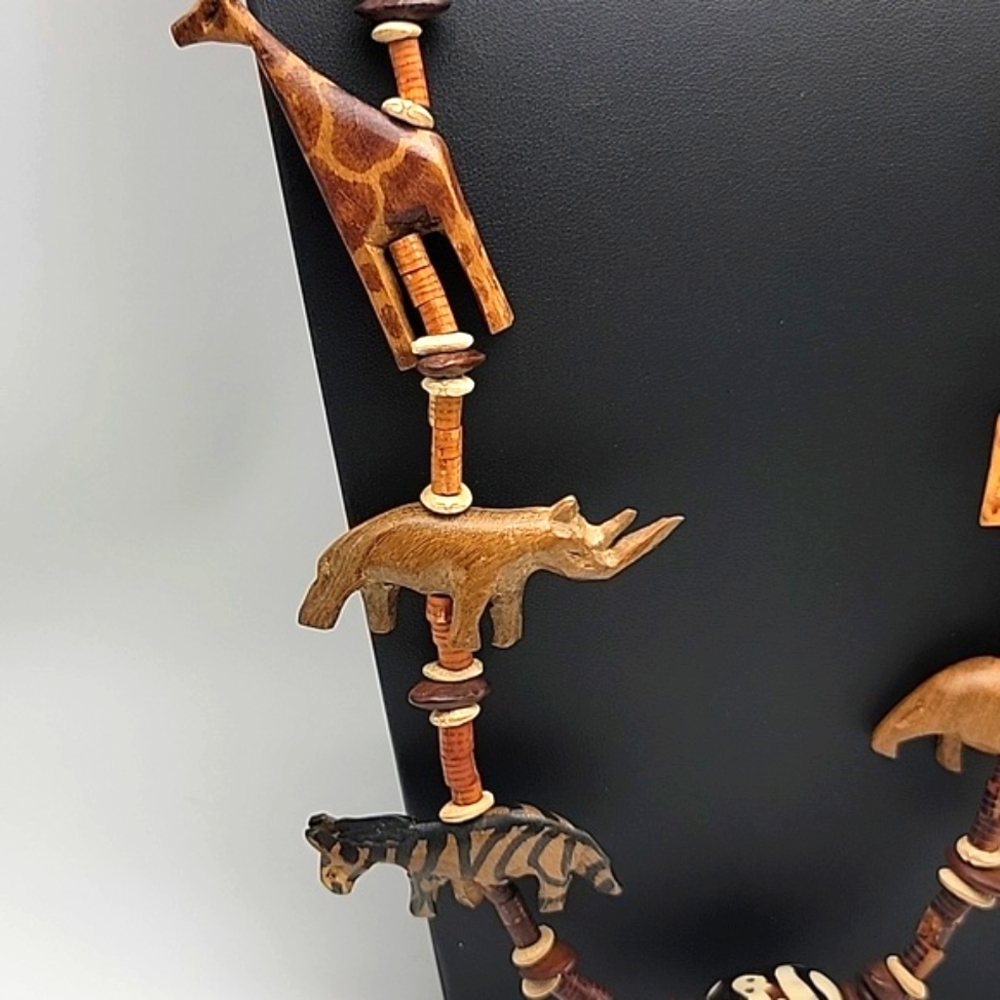 Handcrafted Animal Charm Necklace - Natural Wood Seed Pottery Ethnic Tribal 28" - Picture 3 of 12